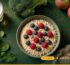 Fibre-rich gut health foods – porridge oats with berries, kefir, broccoli, lentils, apples, spinach and wholegrain bread – for the London Health Star UK gut health and diet guide