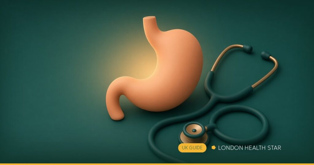 Calm 3D illustration of a human stomach with a stethoscope, illustrating the London Health Star UK guide to H. pylori symptoms, testing and NHS treatment